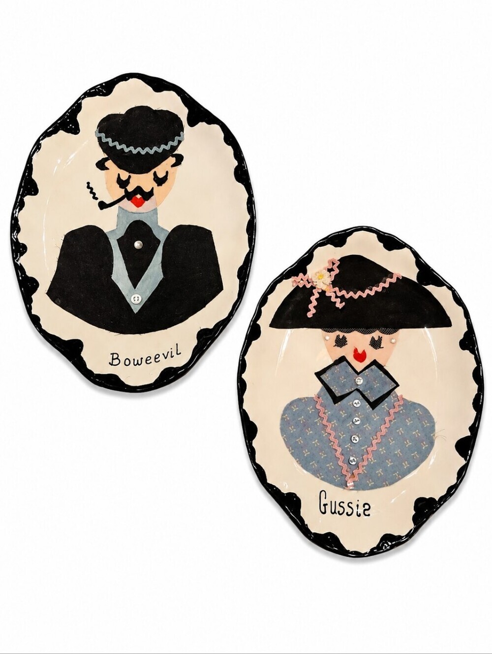 Vintage Kitschy Felt Folk Characters Gussie and Boweevil Ceramic Plates